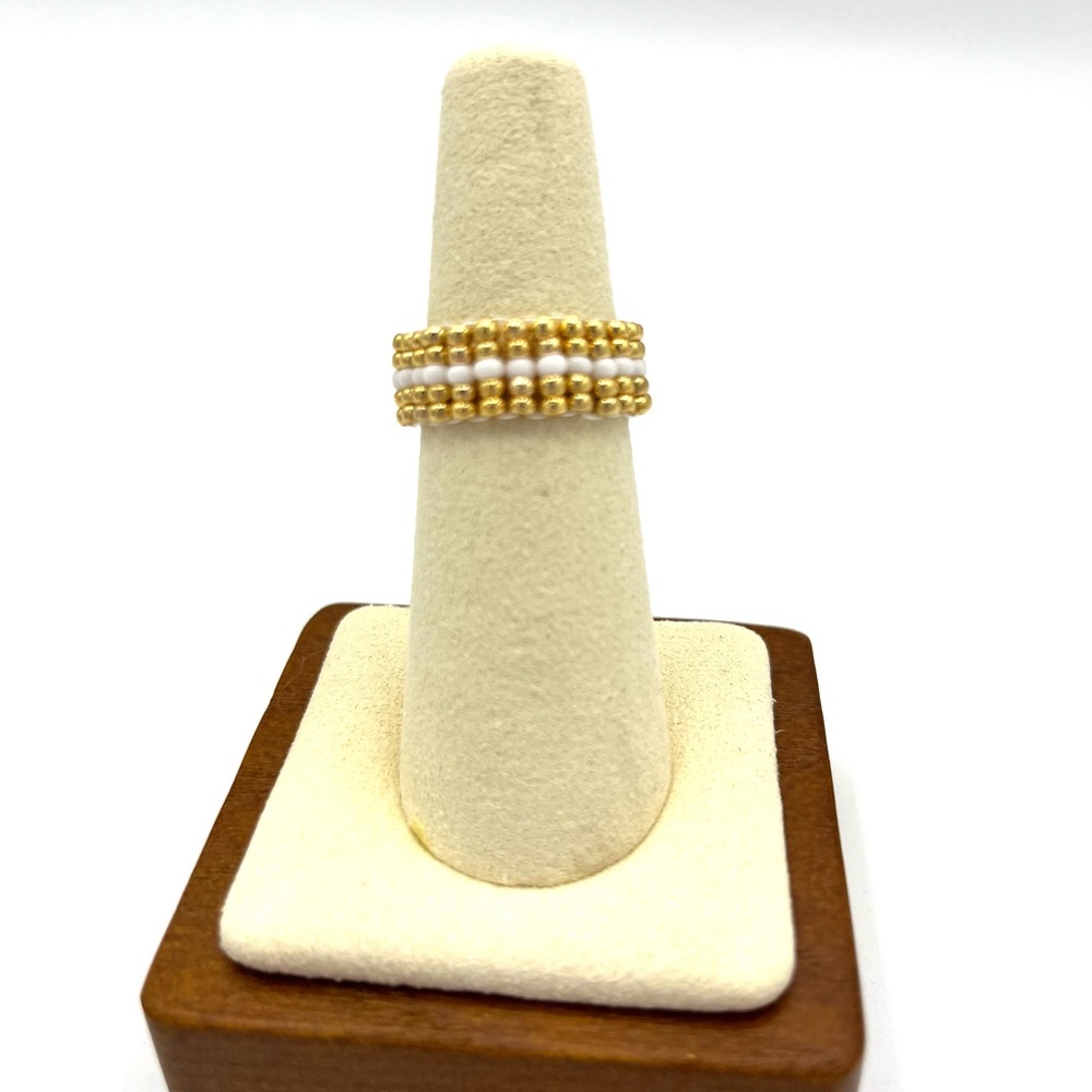 HAND CRAFTED Cream and Gold Beaded Ring
